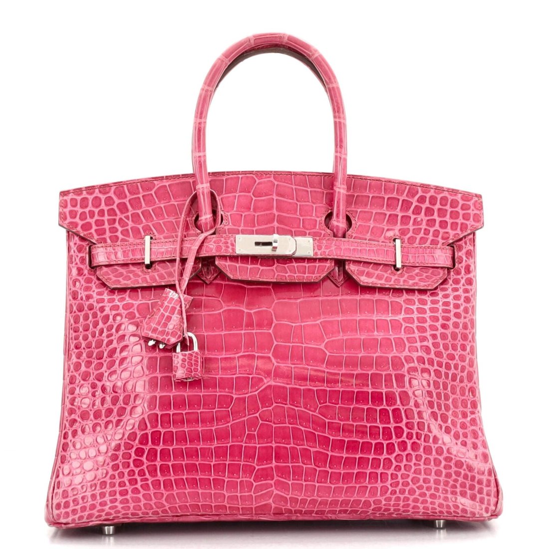Hermes Birkin Handbag Fuchsia Shiny Porosus Crocodile with Palladium Hardware 35: Condition:Pre-ownedMeasurements: Handle Drop 4", Height 10", Width 14", Depth 7"Designer: HermesModel: Birkin Handbag Fuchsia Shiny Porosus Crocodile with Palladium Hardware 35Exterior Material: Croco