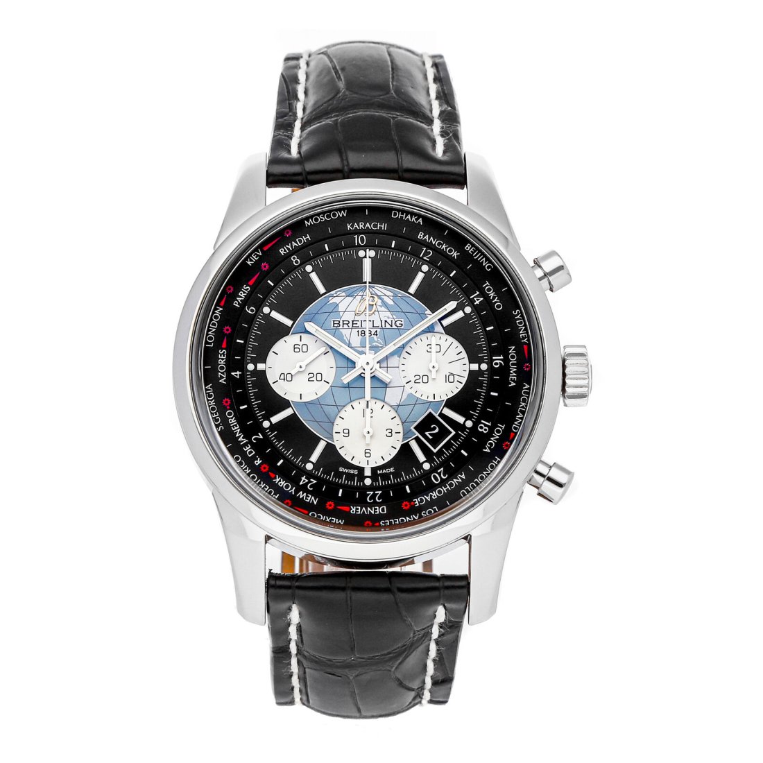Breitling Transocean Unitime Chronograph Mens Steel Auto Watch AB0510U4/BB62: Condition:Pre-ownedBrand:BreitlingMovement:Mechanical(Automatic)Case Size:46mmHour Markers:IndexWatch Shape:RoundCaseback:SolidFeatures:Chronograph, date, gmtGender:MenBand Material:AlligatorBand Colo