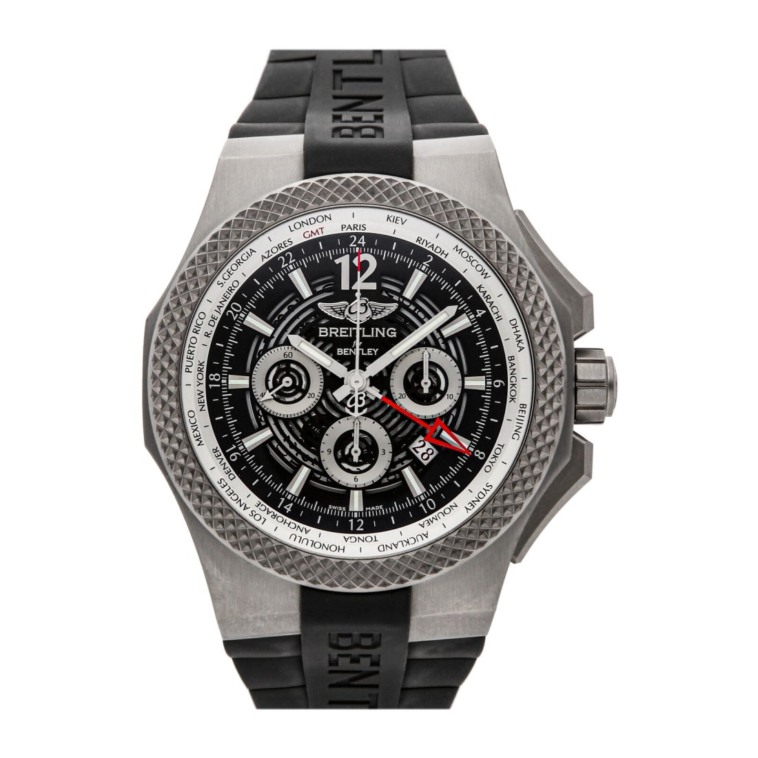 Breitling Bentley GMT Light Body Chrono Auto Titanium Mens Watch EB043210/M533: Condition:Pre-ownedBrand:BreitlingMovement:AutomaticCase Size:49mmHour Markers:IndexWatch Shape:RoundCaseback:ExhibitionFeatures:Worldtime, Date, ChronographGender:MenBand Material:RubberBand Color:Bl