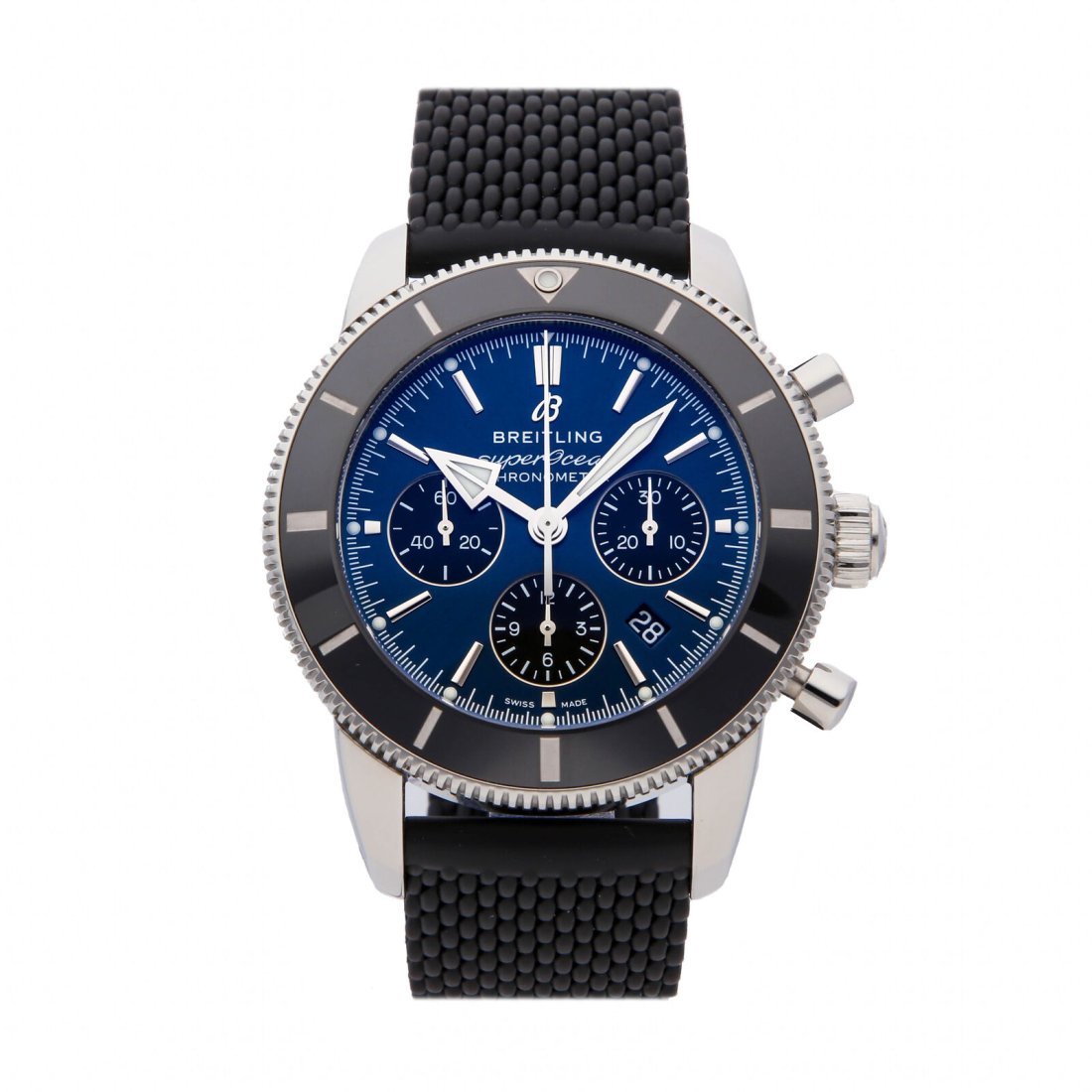 Breitling Superocean Heritage B01 Chrono Mens Steel Auto 44 Watch AB0162121C1S1: Condition:Pre-ownedBrand:BreitlingMovement:AutomaticCase Size:44mmHour Markers:IndexWatch Shape:RoundCaseback:ExhibitionFeatures:Chronograph, DateGender:MenBand Material:RubberBand Color:BlackBuckle T