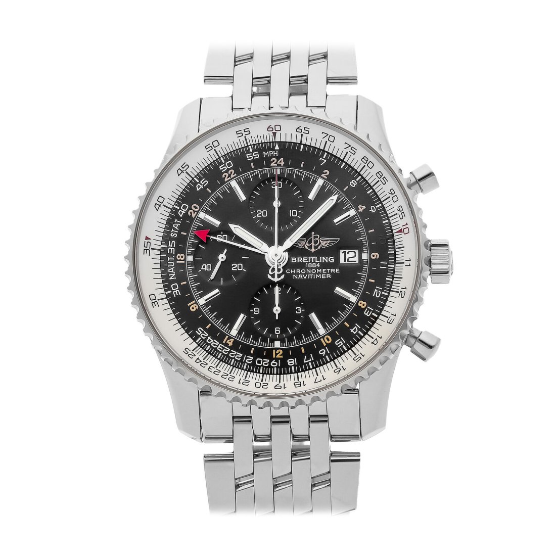 Breitling Navitimer World Automatic Steel Mens Bracelet Watch A2432212/B726: Condition:Pre-ownedBrand:BreitlingMovement:AutomaticCase Size:46mmHour Markers:IndexWatch Shape:RoundCaseback:SolidFeatures:Chronograph, Date, Slide RuleGender:MenBand Material:Stainless steelBand Col