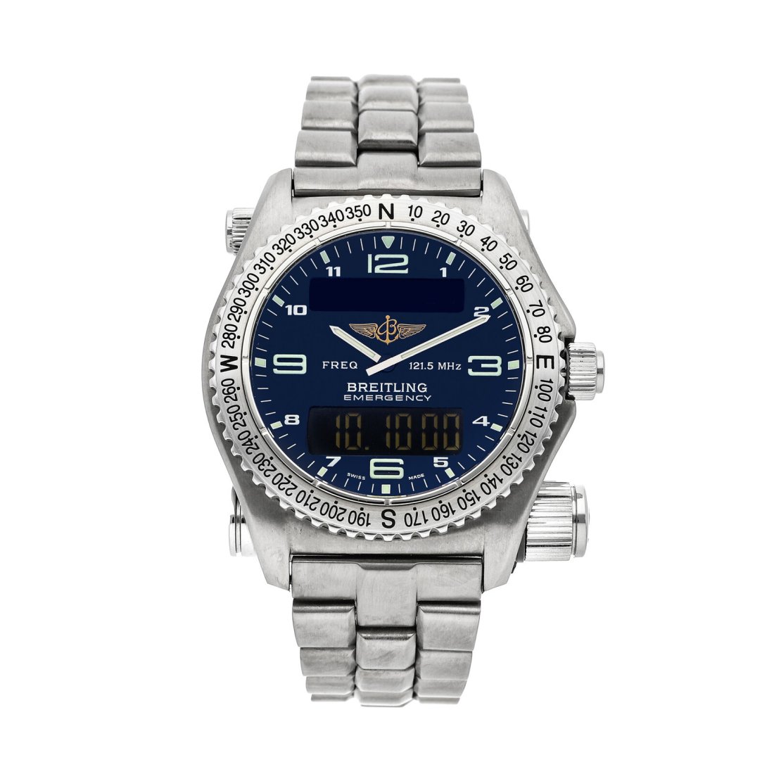 Breitling Emergency Quartz 43mm Titanium Mens Bracelet Watch E5632110/C267: Condition:Pre-ownedBrand:BreitlingMovement:QuartzCase Size:43mmHour Markers:Arabic NumeralsWatch Shape:RoundCaseback:SolidFeatures:Alarm, Chronograph, DateGender:MenBand Material:TitaniumBand Color:Gr