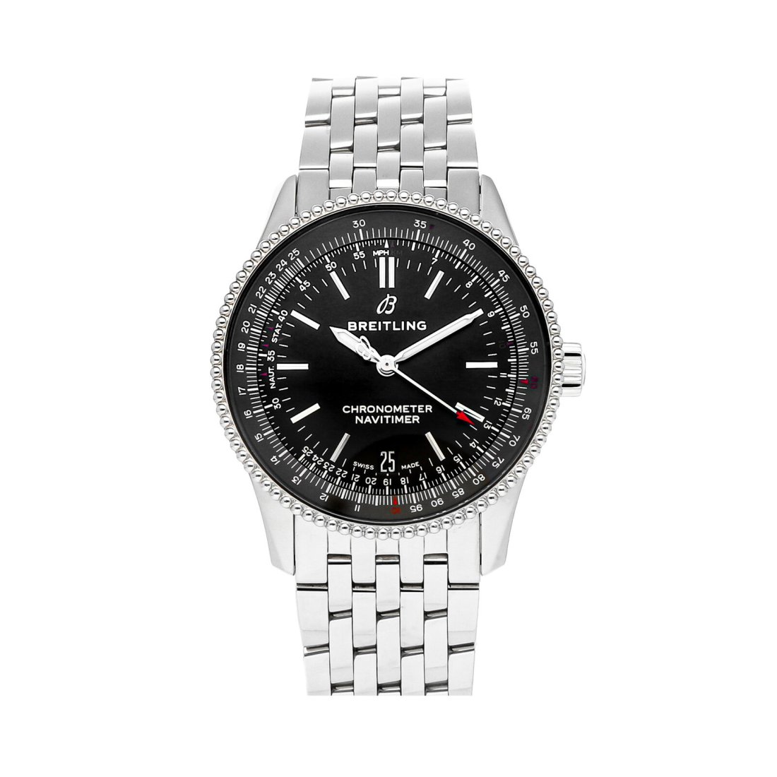 Breitling Navitimer Steel Automatic Mens 38mm Bracelet Watch A17325241B1A1: Condition:Pre-ownedBrand:BreitlingMovement:AutomaticCase Size:38mmHour Markers:IndexWatch Shape:RoundCaseback:SolidFeatures:Date, Slide RuleGender:MenBand Material:Stainless SteelBand Color:SilverBuck