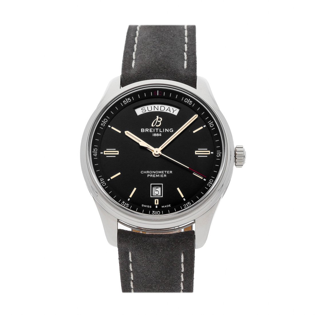 Breitling Premier Day & Date Auto 40mm Steel Mens Strap Watch A45340241B1X3: Condition:Pre-ownedBrand:BreitlingMovement:AutomaticCase Size:40mmHour Markers:IndexWatch Shape:RoundCaseback:SolidFeatures:Date, DayGender:MenBand Material:AlligatorBand Color:BlackBuckle Type:Tang B