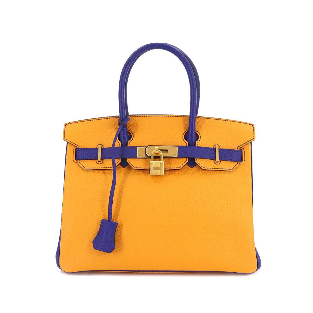 HERMES Birkin 30 Hand Bag Epsom Jaune d'or Blue Electrique Purse: Condition:Pre-owned Brand:HERMES Style:Hand Bag Exterior Material:Epsom Exterior Color:Jaune d'or , Blue Electrique Department:Women Size W:11.81 inch Size H:10.24 inch Size D:6.10 inch Handl:11inch (