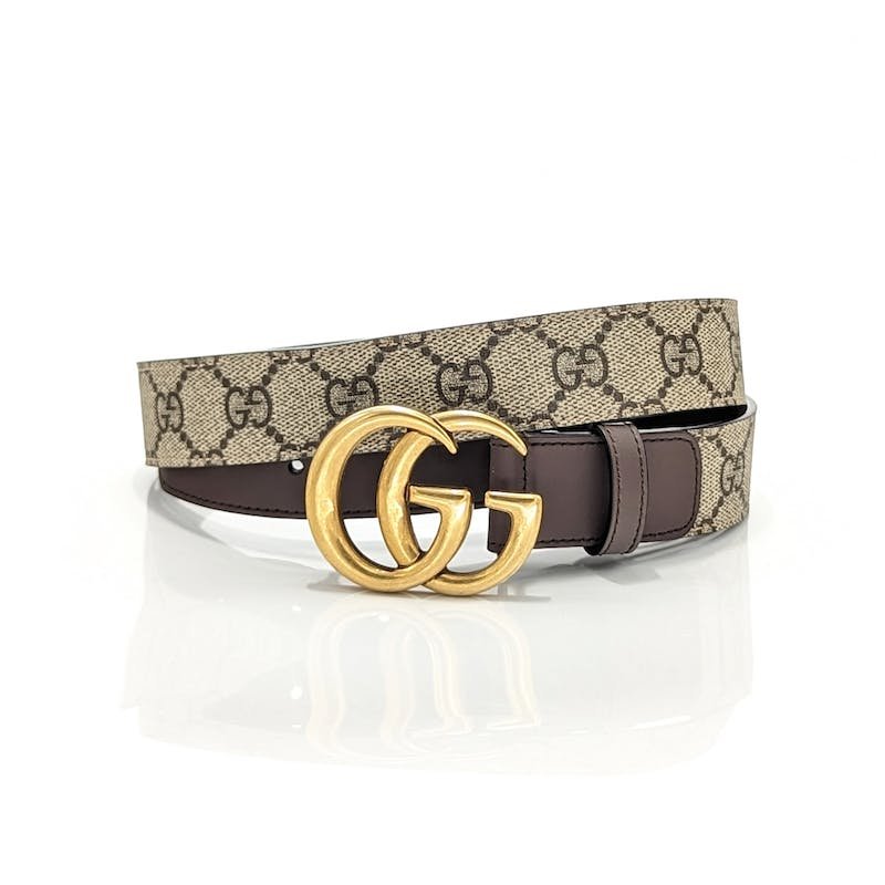 GUCCI GG MONOGRAM GOLD HARWARE BELT S: Gucci GG Supreme Belt. 90/36. Neutrals. GG Supreme & Running GG Logo. Gold-Tone Hardware. Peg-In-Hole Closure. Details:Length Min: 34.5". Length Max: 36.5". Width: 1.25". Size: S 4-6/27-28