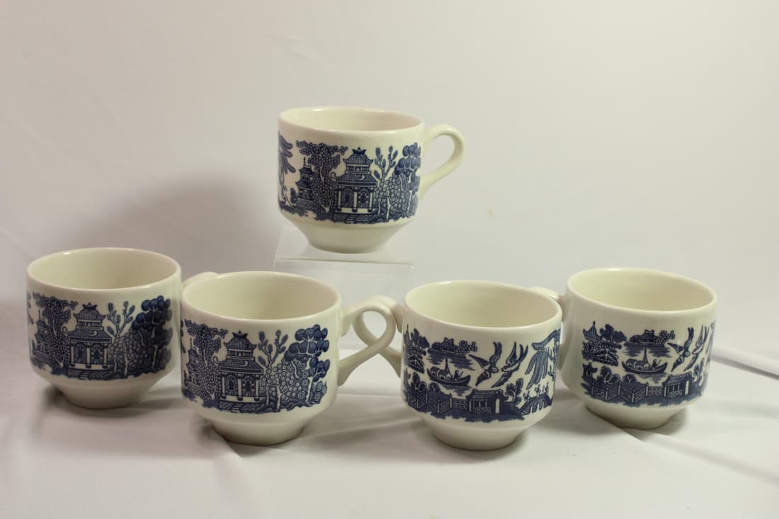 Set of 5 Churchill Blue Willow Cups: vintage - marked England - 3" tall each