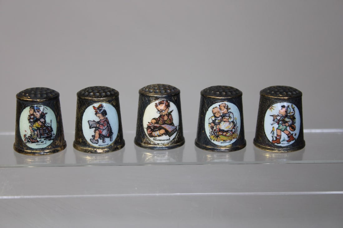 Lot of 5 Hummel Thimbles: all metal - condition as shown - all have marks on the back as shown