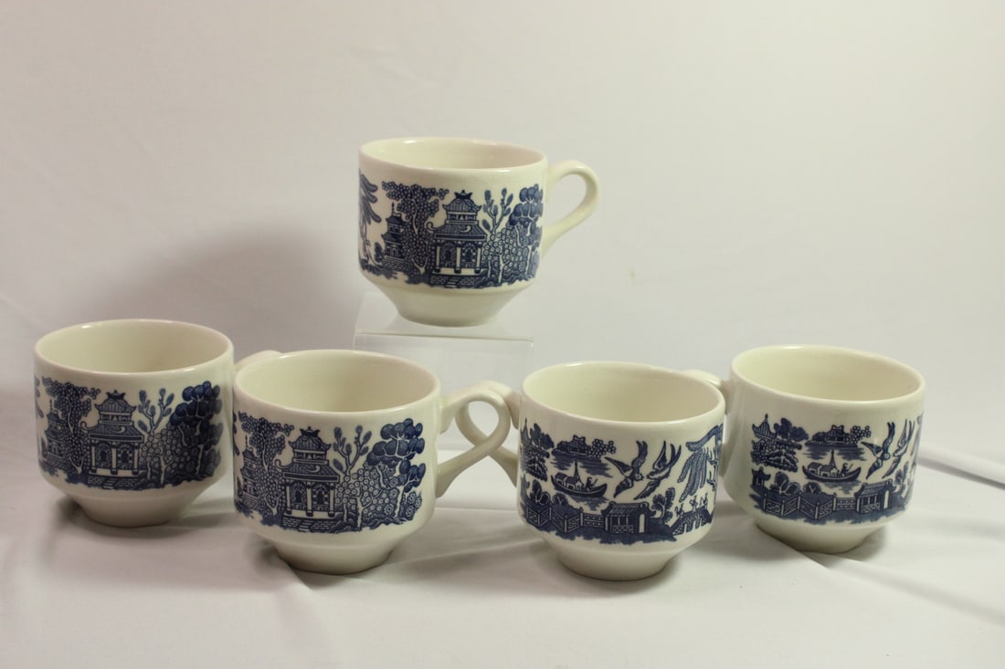 Set of 5 Churchill Blue Willow Cups: vintage - marked England - 3" tall each
