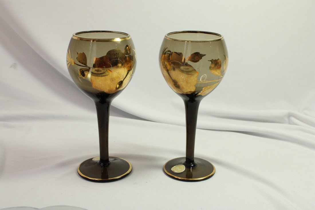 A Pair of Romanian Smoke Glass Shotglasses: gold gilted - 5 3/4" each
