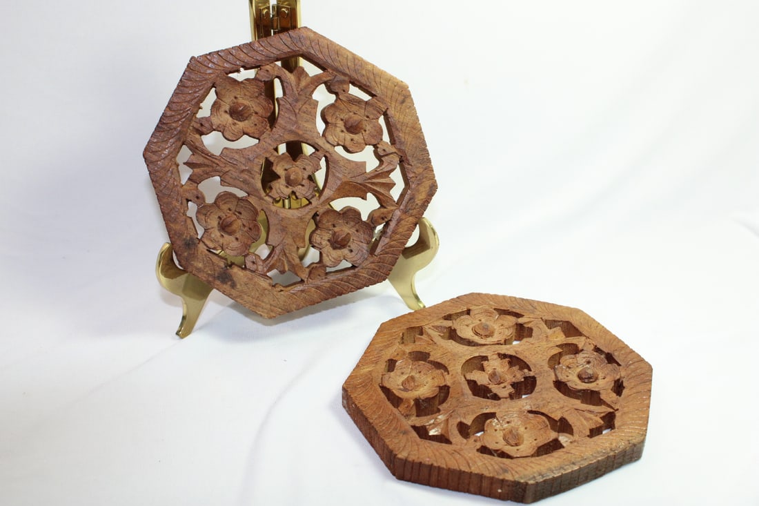 Pair of Vintage Carved Wooden Trivet: made in India - 5" in diameter/across each