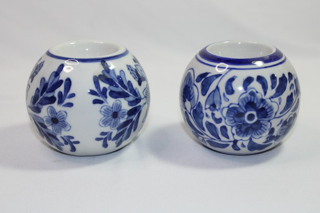 Set of Two Blue and White Porcelain Spheres: possibly votive holders - they are not identical - excellent shape, no cracks, no chips - 3" tall and about 3" in diameter each