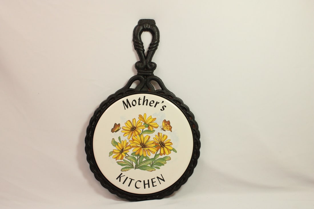 Vintage "Mother's Kitchen" Trivet: cast iron and tile - can be used as a wall hanger - marked on the back as shown - 11" long x 7" in diameter