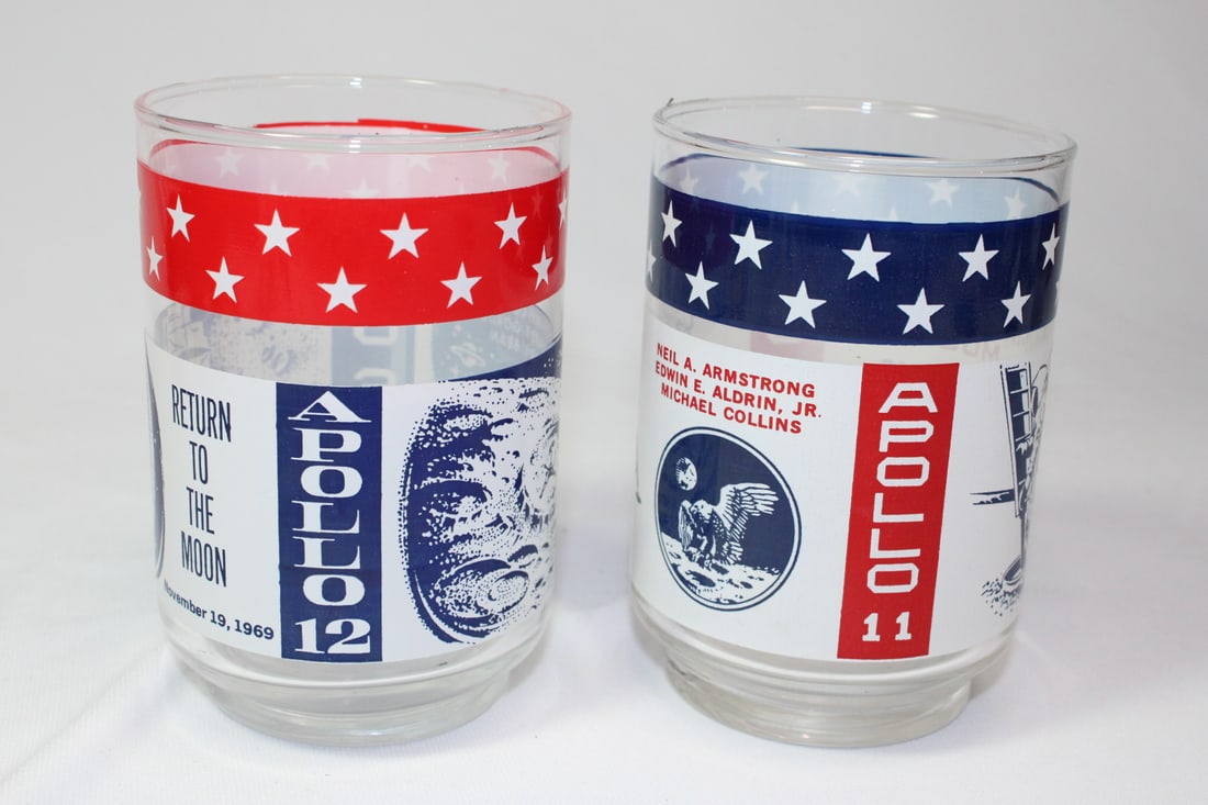 Vintage Apollo11 and Apollo12 Collectible Glasses: Moon Landing and Safe Return to the Moon - 4" tall each