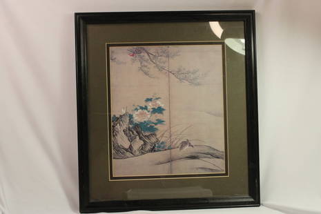 Framed Kano Sanraku Print: Birds in a landscape" - sight measures: 9 5/8" x 8 3/4