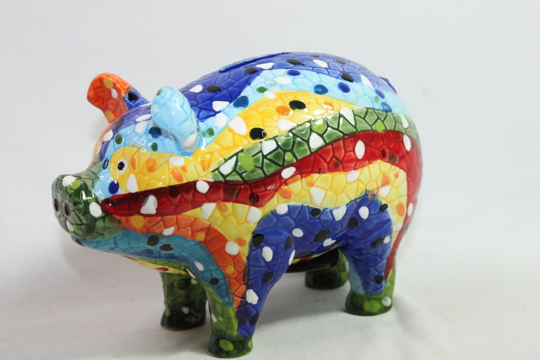 Barcino Ceramic Piggy Coin Bank: mosaic design - very colourful - marked Barcino 2011 - 6" long x 4 1/4" tall