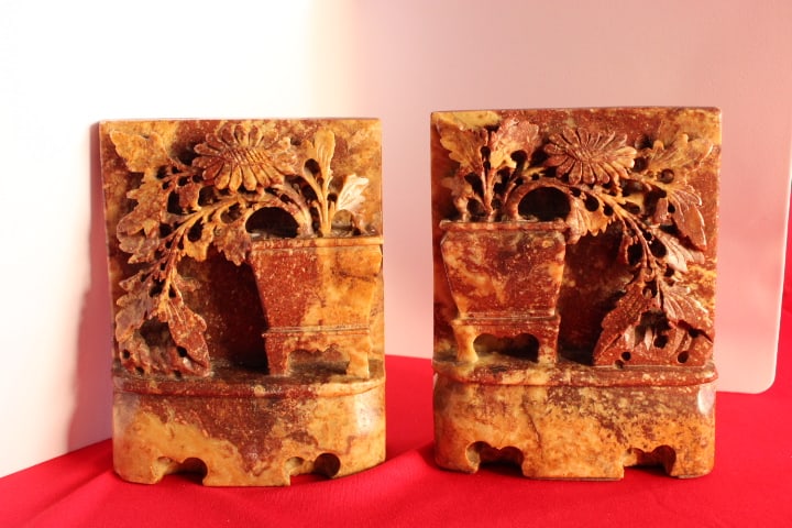 Set of Two Soapstone Bookends: 5 1/2" tall x 5" wide each