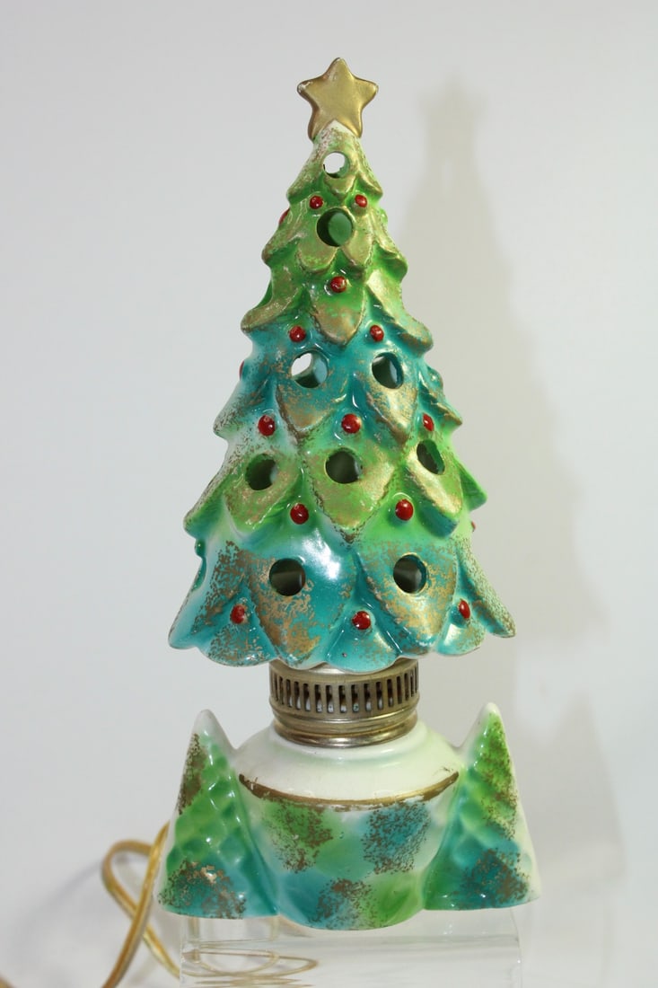 Japanese Ceramic Christmas Tree: lights up - plugs in - there is no bulb - tested, it works - 7 3/4" tall