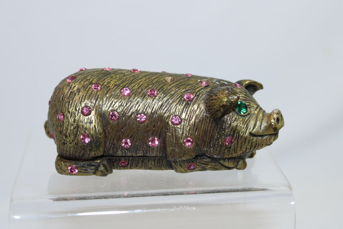 Metal Pig Pill Box: or trinket box - please note: magnet is absent on the top part and also missing a pink gemstone and partial of the green from the eye - 2 3/4" long