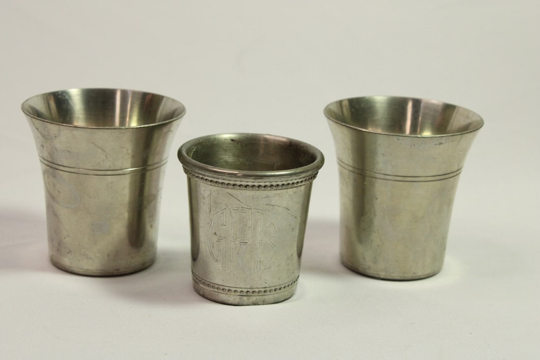 Lot of 3 Pewter Shotglasses: two is identical: 2 1/4" tall - the third is smaller: 2" tall, also monogrammed with the letters: GPK