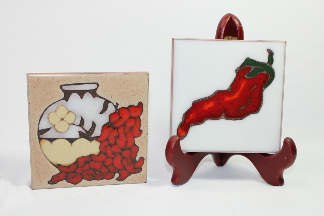 Set of Two Mag Mor Art Tiles: hand painted - measures 4" x 4" each - can be used as a wall hanger, coaster or a trivet