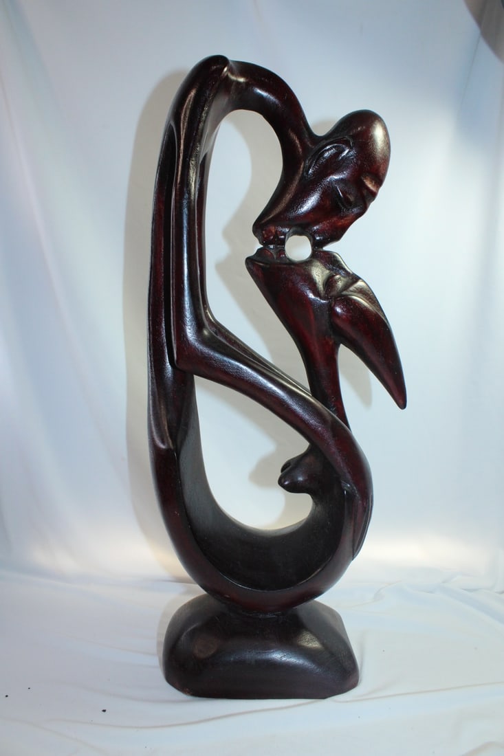 African Romantic Wood Sculpture: nude kissing couple - carved out of one piece - unusual shape and form - 17 1/2" tall