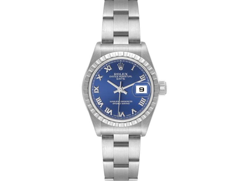 Rolex Date Blue Dial Engine Turned Bezel Steel Ladies Watch: Rolex Date Blue Dial Engine Turned Bezel Steel Ladies Watch **** SKU No: 46713-34CB0 **** Brand: Rolex **** Condition: Pre-Owned **** Rolex Date Blue Dial Engine Turned Bezel Steel Ladies Watch. Offic