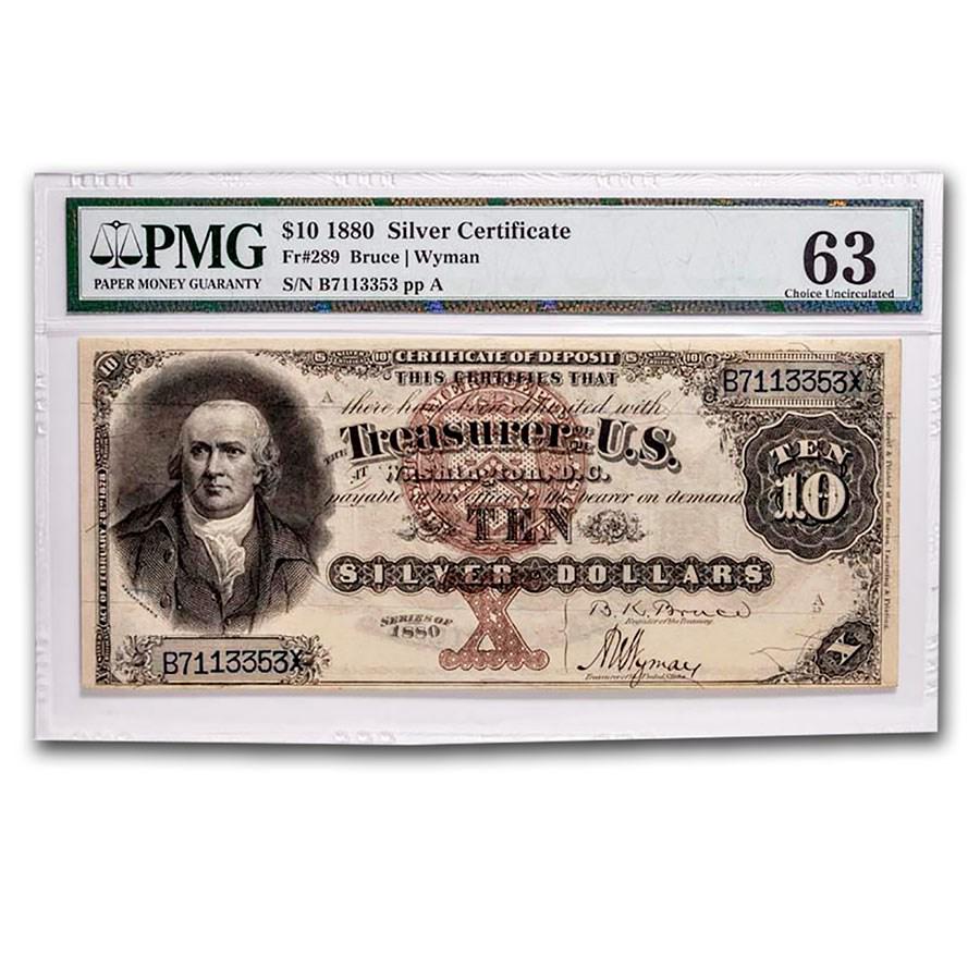 1880 $10 Silver Certificate Robert Morris CU-63 PMG (Fr#289): 1880 $10 Silver Certificate Robert Morris CU-63 PMG (Fr#289) **** Product ID: 209237 **** Year: 1880 **** Grade: (PMG) Choice Unc - 63 **** Grade Service: PMG **** Denomination: $10.00 **** Mint Mark: