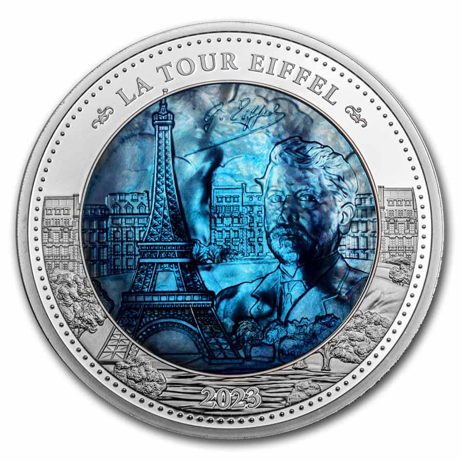 2023 Solomon Island 5 oz Silver Mother of Pearl: Gustave Eiffel: 2023 Solomon Island 5 oz Silver Mother of Pearl: Gustave Eiffel ---- SKU: 260831 ---- Year: 2023 ---- Grade: Proof ---- Grade Service: None ---- Denomination: 25 Dollars ---- Mint Mark: Not Shown ----