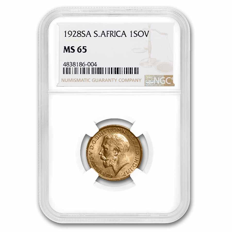 1928-SA South Africa Gold Sovereign MS-65 NGC: 1928-SA South Africa Gold Sovereign MS-65 NGC ---- SKU: 263600 ---- Year: 1928 ---- Grade Service: NGC ---- Denomination: 1 Sovereign ---- Metal Content: 0.2354 troy oz ---- Purity: .9167 ---- Thickne
