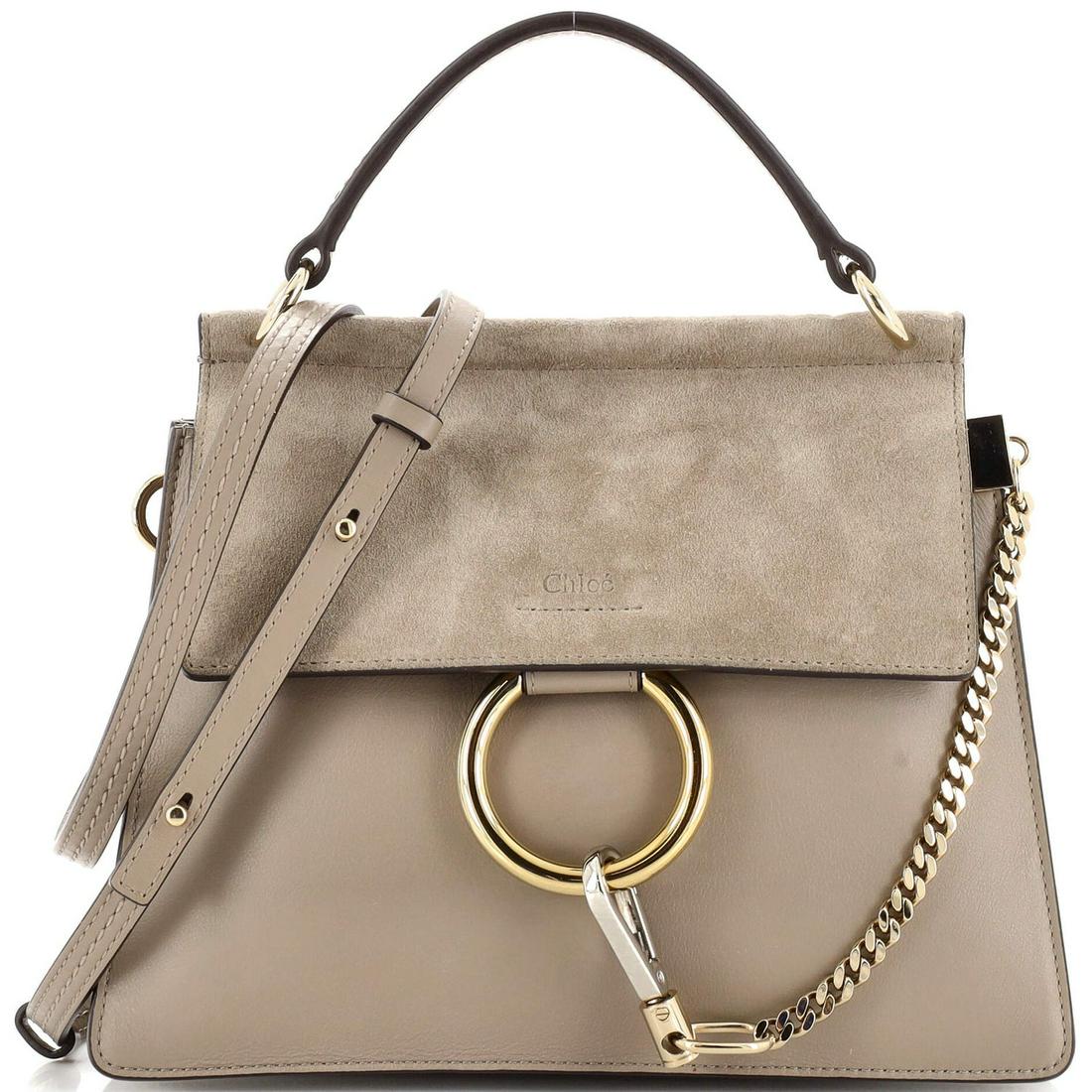 Chloe Faye Top Handle Bag Leather and Suede Small: Chloe Faye Top Handle Bag Leather and Suede Small ---- Exterior Color: Gray ---- Interior Color: Neutral ---- Exterior Material: Leather, Suede ---- Interior Material: Suede ---- Hardware Color: Gold