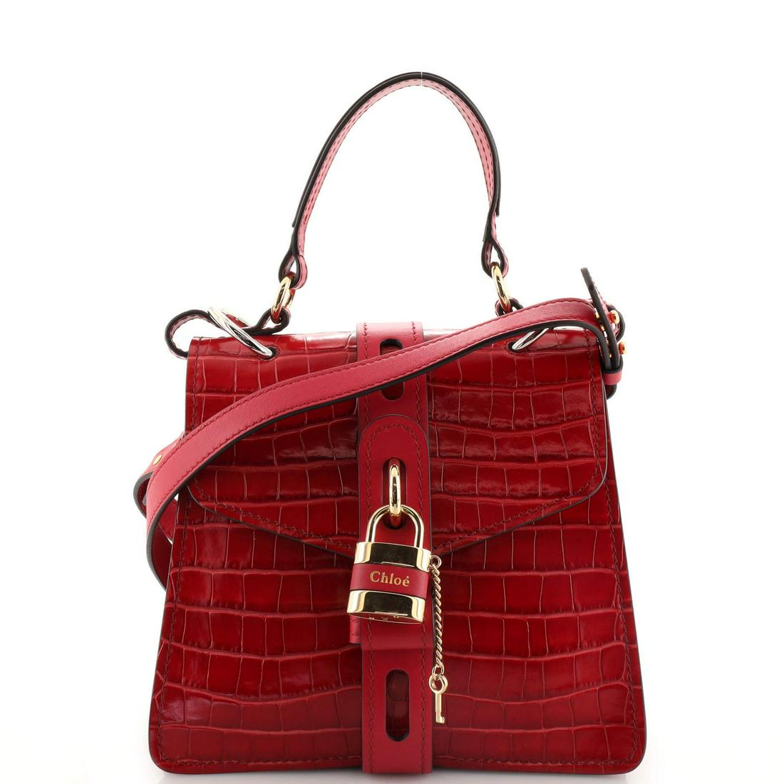 Chloe Aby Day Bag Crocodile Embossed Leather Small: Chloe Aby Day Bag Crocodile Embossed Leather Small ---- Exterior Color: Red ---- Interior Color: Neutral ---- Exterior Material: Leather ---- Interior Material: Fabric ---- Hardware Color: Gold ---- A