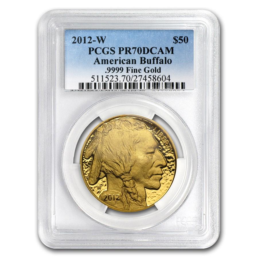 2012-W 1 oz Proof Gold Buffalo PR-70 PCGS: 2012-W 1 oz Proof Gold Buffalo PR-70 PCGS ---- Product ID: 76605 ---- Year: 2012 ---- Grade Service: PCGS ---- Denomination: $50 ---- Metal Content: 1 troy oz ---- Purity: .9999 ---- Thickness: 2.95 m