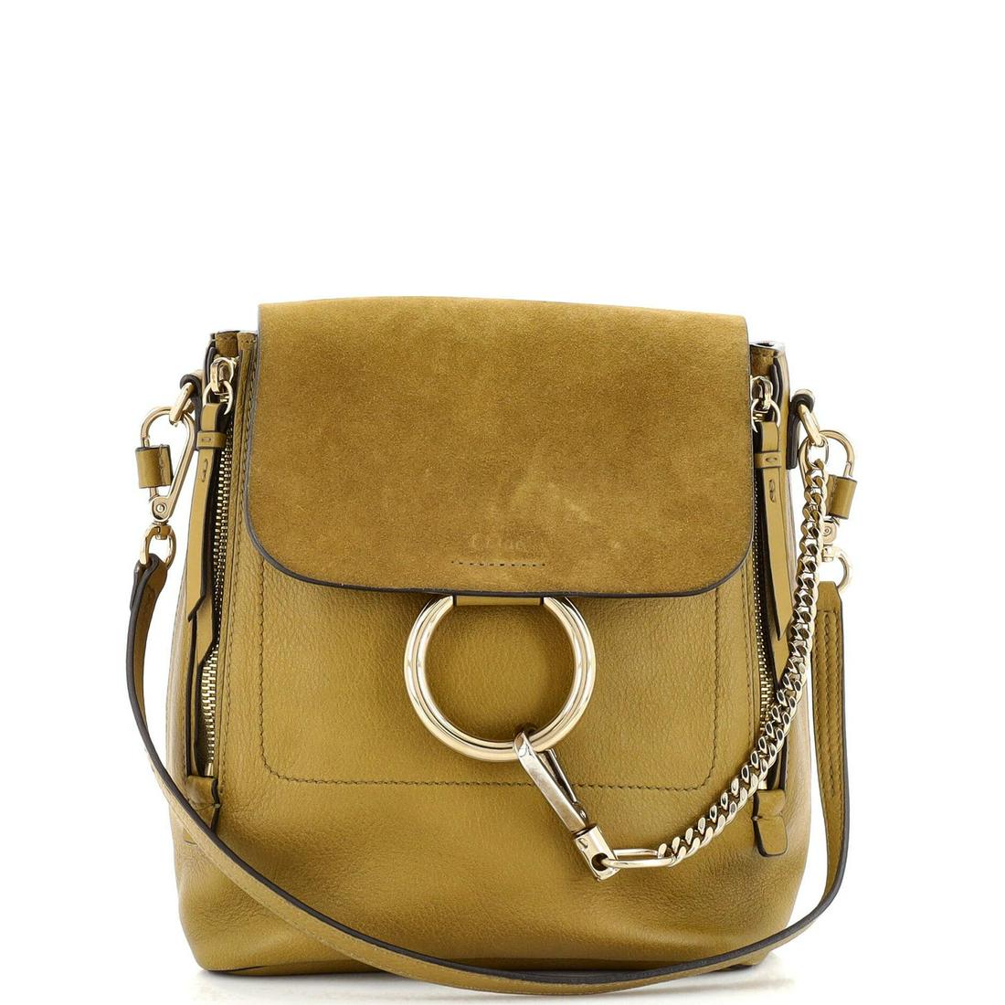 Chloe Faye Backpack Leather and Suede Small: Chloe Faye Backpack Leather and Suede Small ---- Exterior Color: Green ---- Interior Color: Green, Neutral ---- Exterior Material: Leather, Suede ---- Interior Material: Fabric ---- Hardware Color: Go