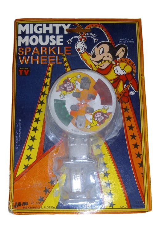 Scarce Vintage Mighty Mouse cartoon spin sparkle t: 1970's SCARCE VINTAGE TIN MIGHTY MOUSE CARTOON SPIN SPARKLE TOY never opened