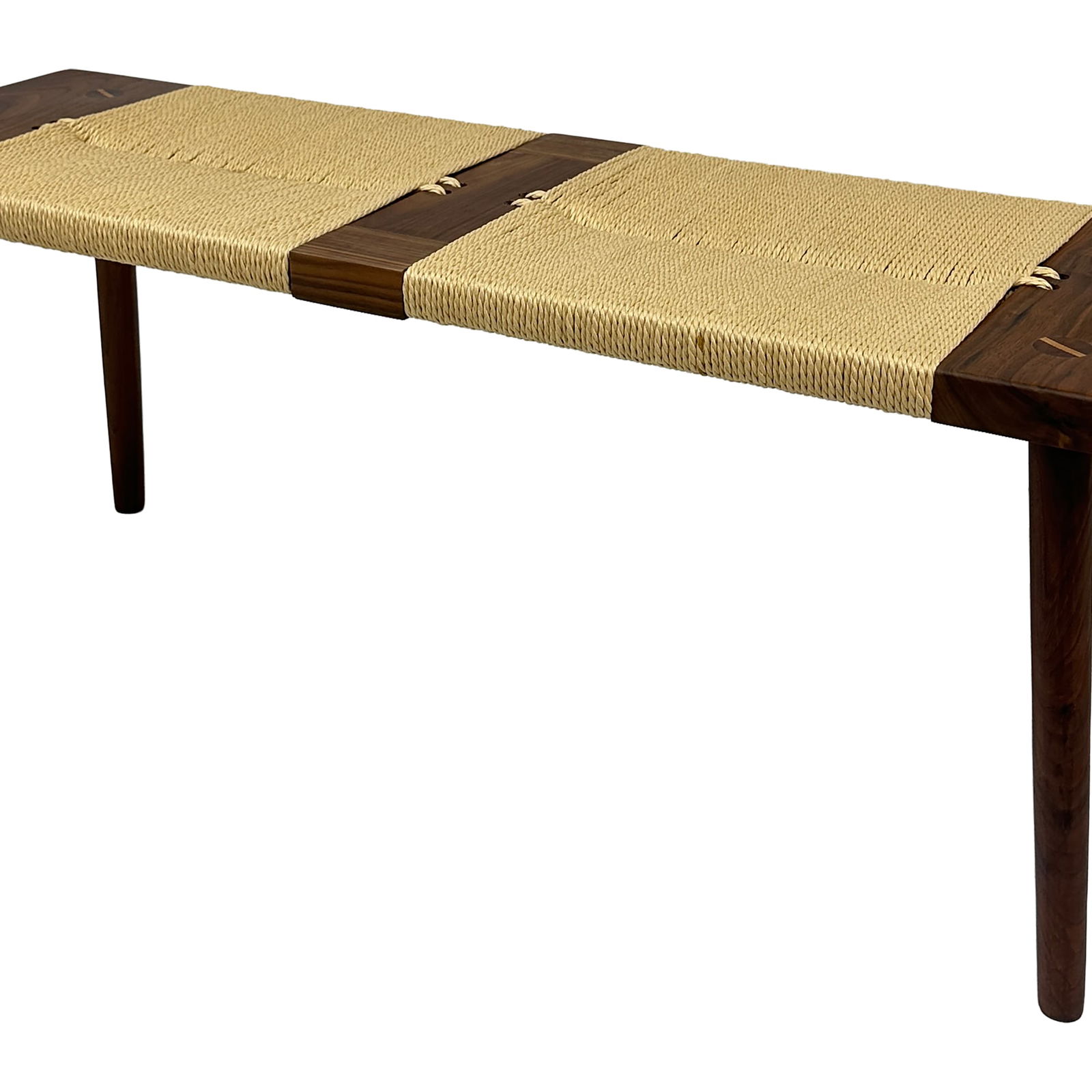 American Walnut Bora Bora Long Bench W/ Natural Papercord: Maker: Organic Modernism Title: American Walnut Bora Bora Long Bench W/ Natural Papercord Material: Walnut Style: Mid-Century Modern, Contemporary Design Description: The American Walnut Bora Bora Be
