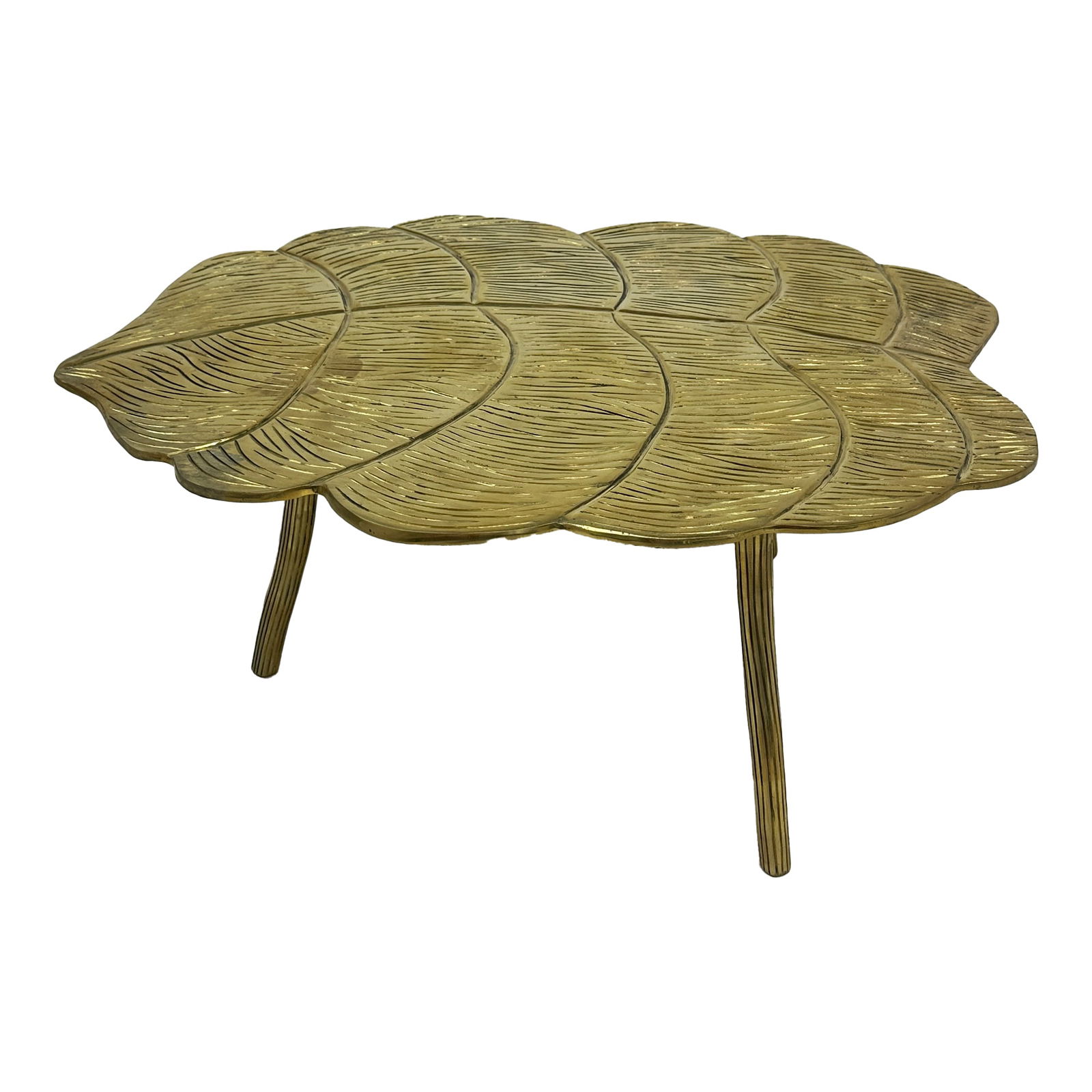 Lotus Brass Coffee Table: Maker: Organic Modernism Title: Lotus Brass Coffee Table Material: Brass Style: Mid-Century Modern, Contemporary Design Description: The Lotus Brass Coffee Table brings a touch of organic beauty and