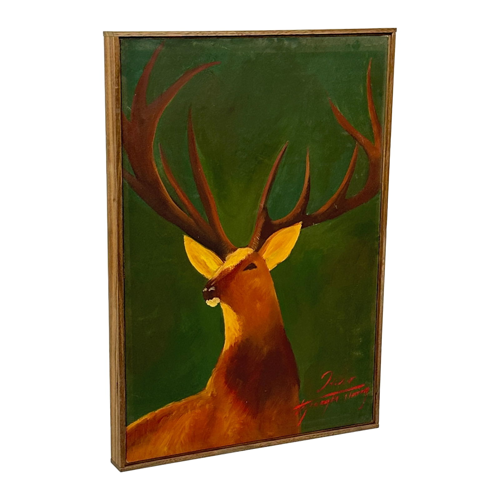 Majestic Stag Painting: Maker: Organic Modernism Title: Majestic Stag Painting Style: Mid-Century Modern, Contemporary Design Description: This striking painting features a proud stag with expansive antlers, rendered in warm