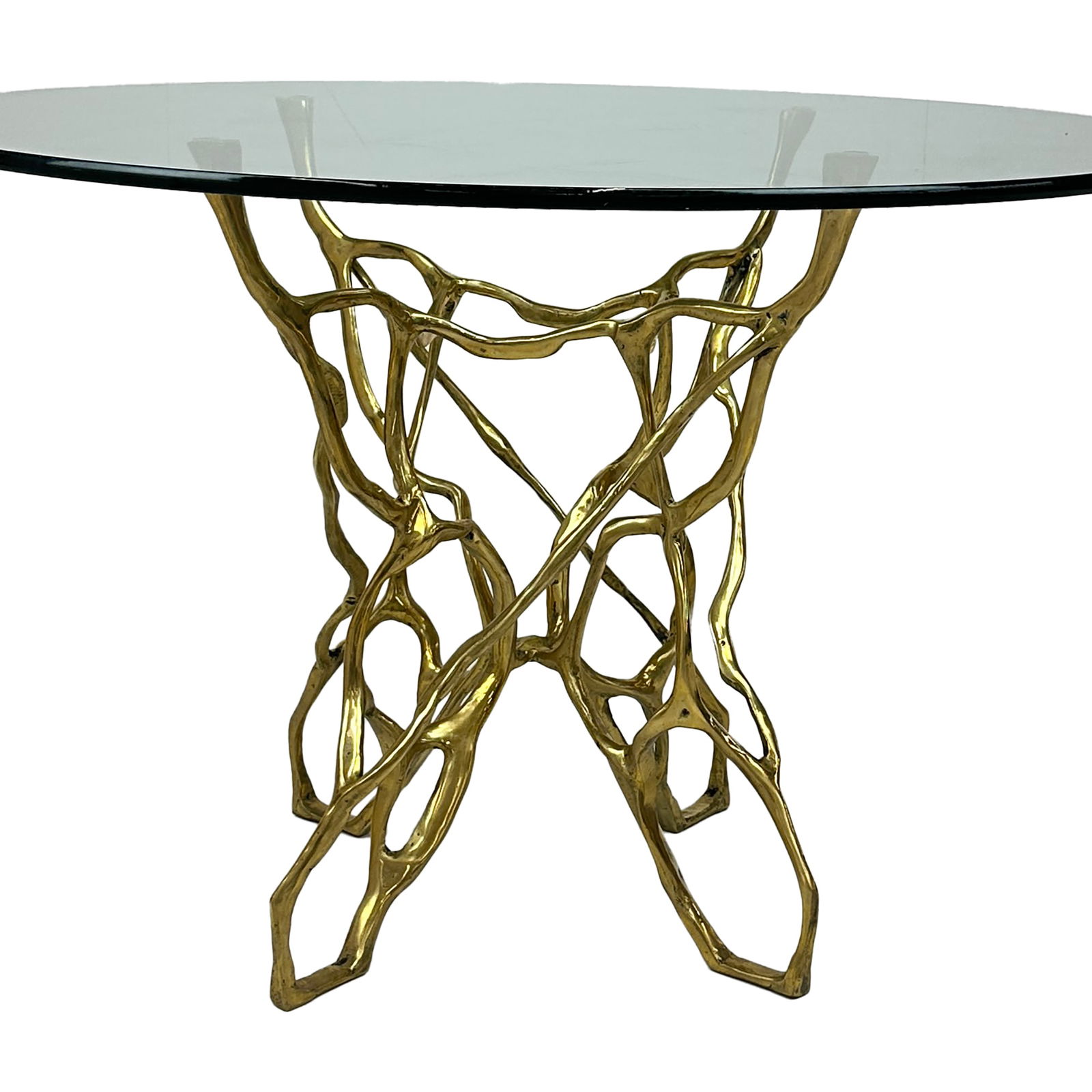 Mid-Century Modern Style Brass and Glass Dining Table: Maker: Organic Modernism Title: Mid-Century Modern Style Brass and Glass Dining Table Material: Brass Style: Mid-Century Modern, Contemporary Design Description: A striking modern dining table featur