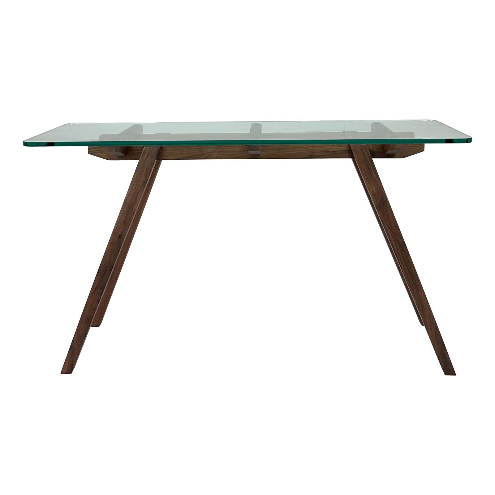 Modern Glass Top Console Table with Walnut Base: Maker: Organic Modernism Title: Modern Glass Top Console Table with Walnut Base Material: Walnut Style: Mid-Century Modern, Contemporary Design Description: A sleek and sculptural console table featu