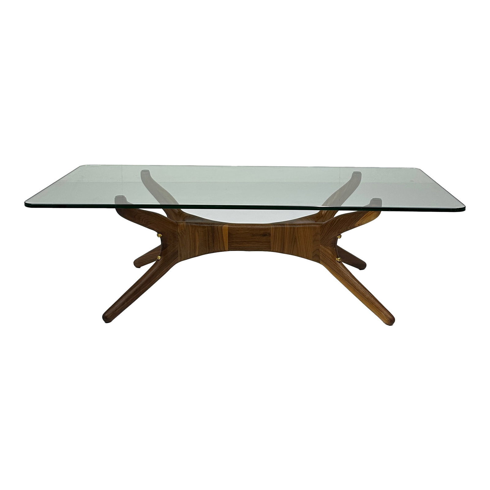 Modern Sculpted Walnut & Glass Coffee Table: Maker: Organic Modernism Title: Modern Sculpted Walnut & Glass Coffee Table Material: Walnut Style: Mid-Century Modern, Contemporary Design Description: A visually captivating coffee table featuring