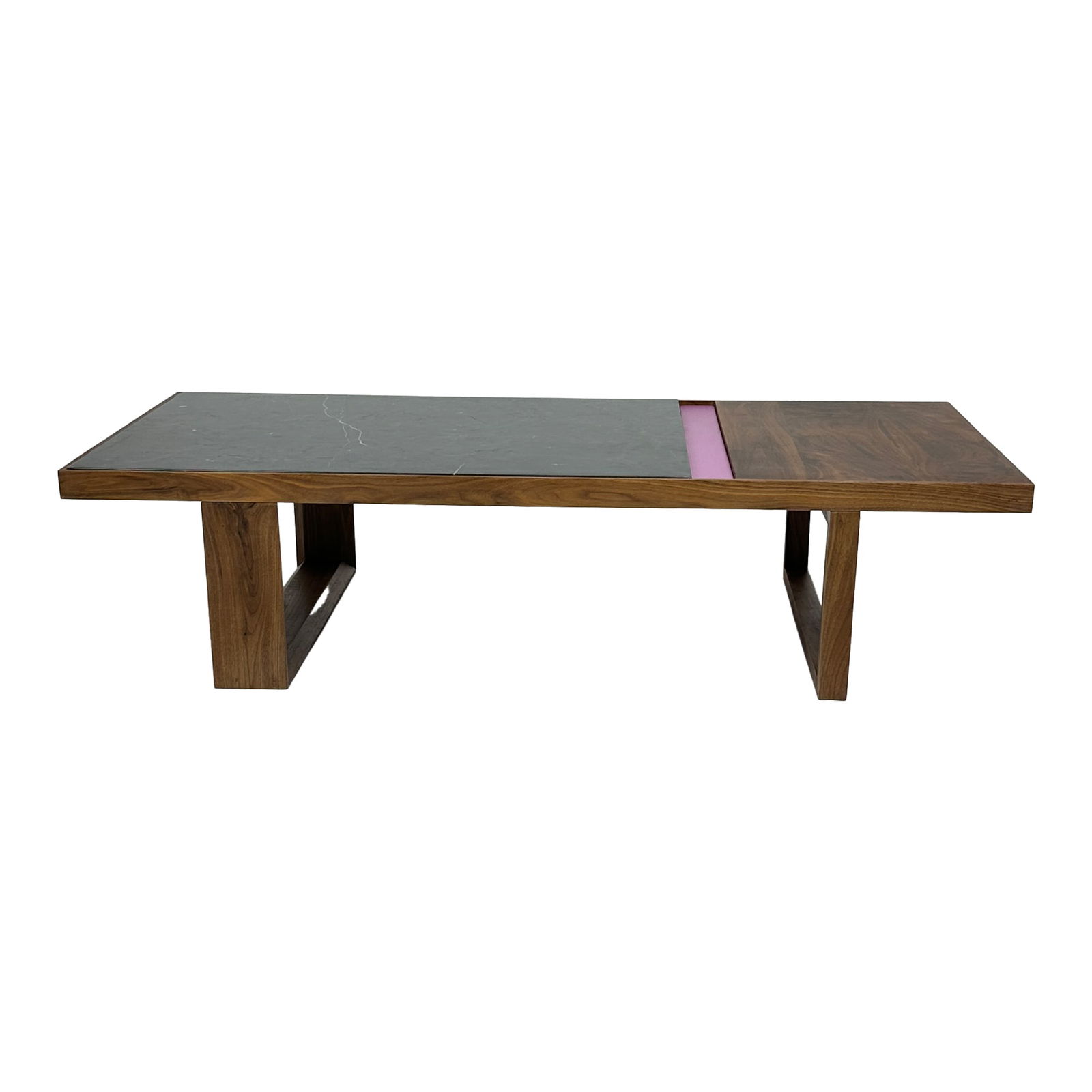 Contemporary Walnut Coffee Table with Marble & Color Accent: Maker: Organic Modernism Title: Contemporary Walnut Coffee Table with Marble & Color Accent Material: Walnut Style: Mid-Century Modern, Contemporary Design Description: A low-profile coffee table fea