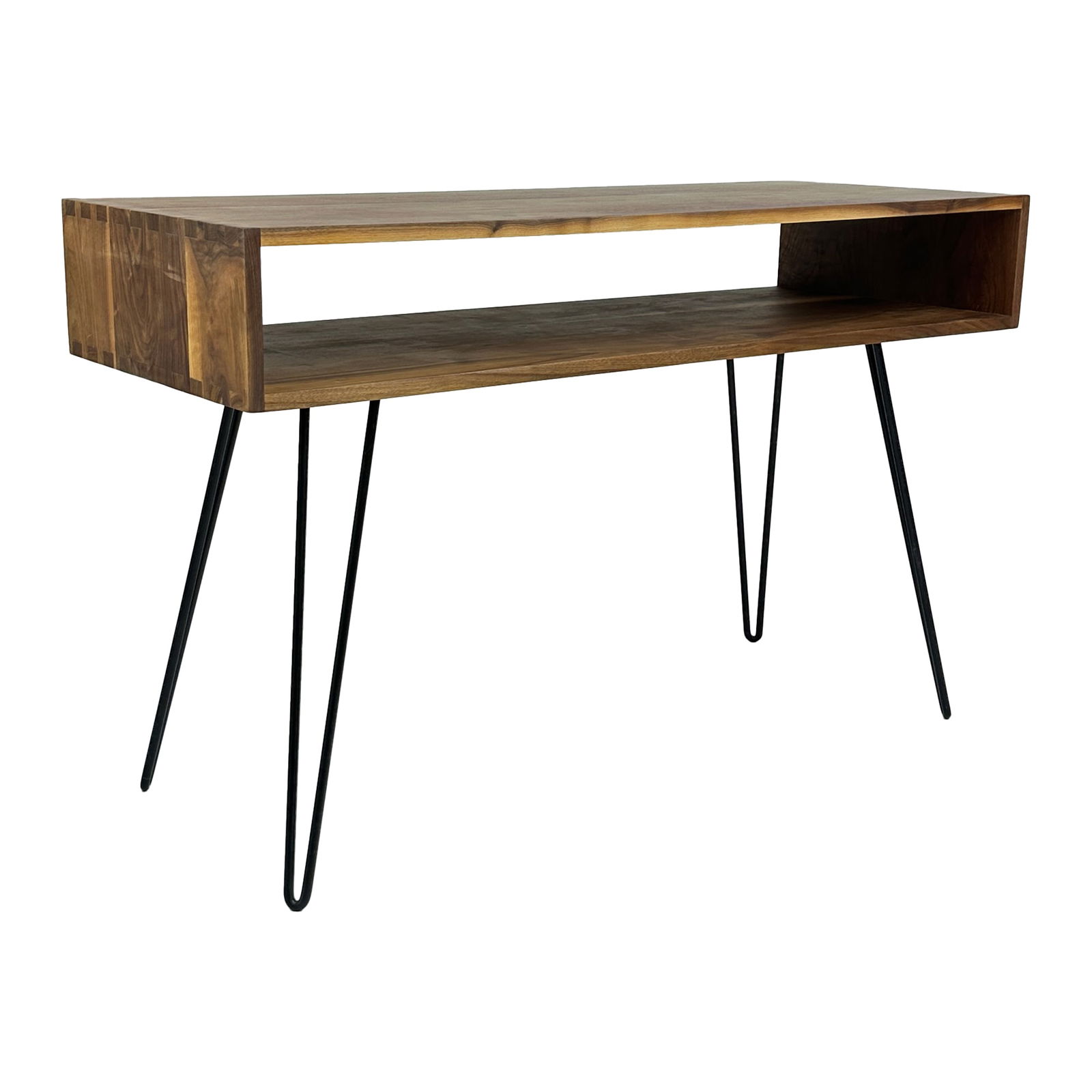 Modern Entry Table with Hairpin Legs and Storage: Maker: Organic Modernism Title: Modern Entry Table with Hairpin Legs and Storage Style: Mid-Century Modern, Contemporary Design Description: A sleek and functional console table blending mid-century s