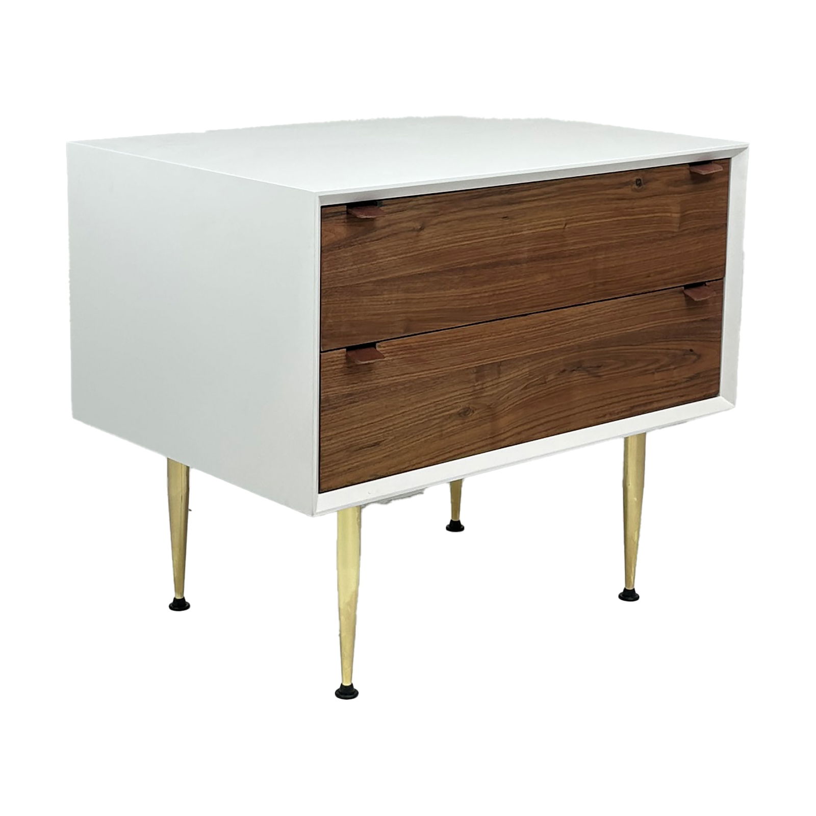 Mid-Century Modern 2-Drawer Nightstand with Brass Legs: Maker: Organic Modernism Title: Mid-Century Modern 2-Drawer Nightstand with Brass Legs Material: Brass Style: Mid-Century Modern, Contemporary Design Description: A sleek mid-century modern style nig