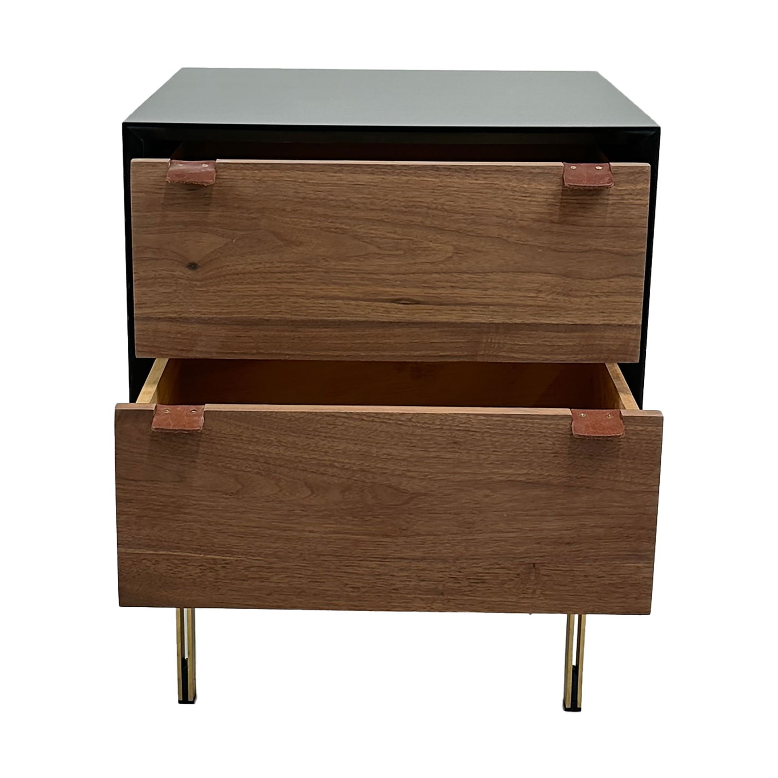 Modern Nightstand with Brass Legs: Maker: Organic Modernism Title: Modern Nightstand with Brass Legs Material: Brass Style: Mid-Century Modern, Contemporary Design Description: A sleek modern nightstand or side table with bold contras
