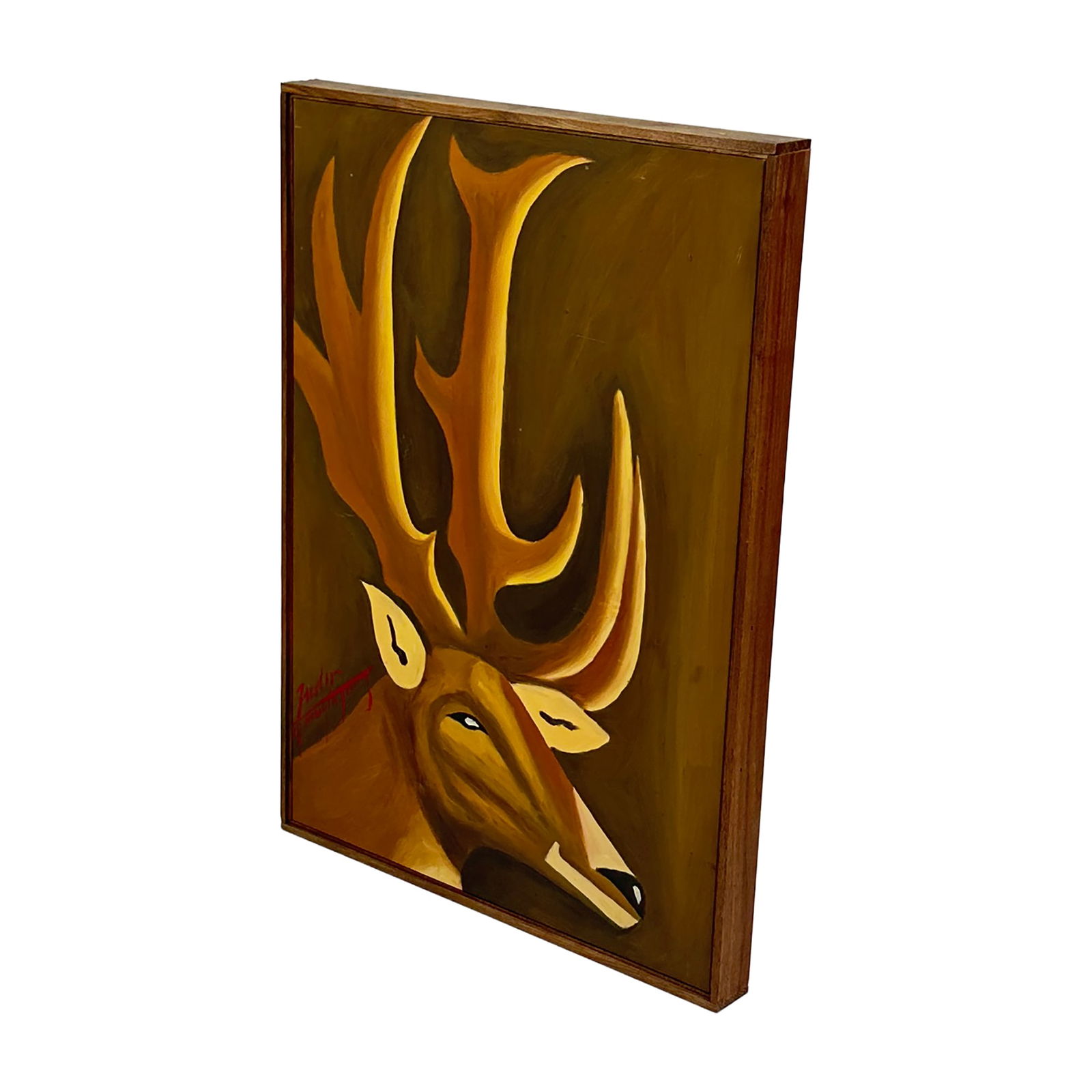 Framed Deer Head Painting: Maker: Organic Modernism Title: Framed Deer Head Painting Style: Mid-Century Modern, Contemporary Design Description: A bold and stylized painting of a deer head, rendered in warm earth tones with exa