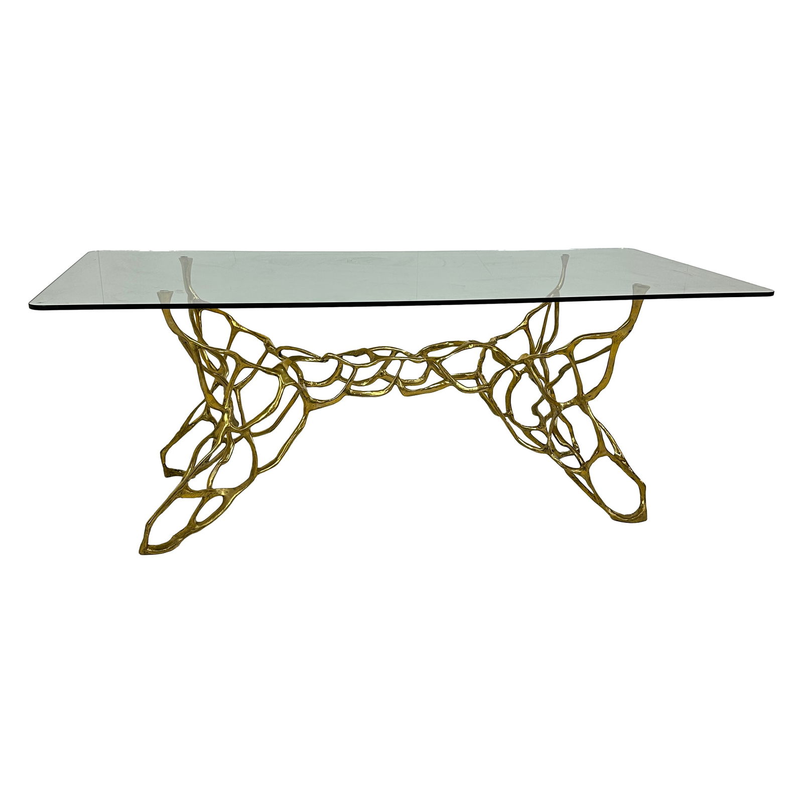 Web Brass Bass Dining Table W/ Glass Top: Maker: Organic Modernism Title: Web Brass Bass Dining Table W/ Glass Top Material: Brass Style: Mid-Century Modern, Contemporary Design Description: The Web Brass Bass Dining Table W/ Glass Top featu