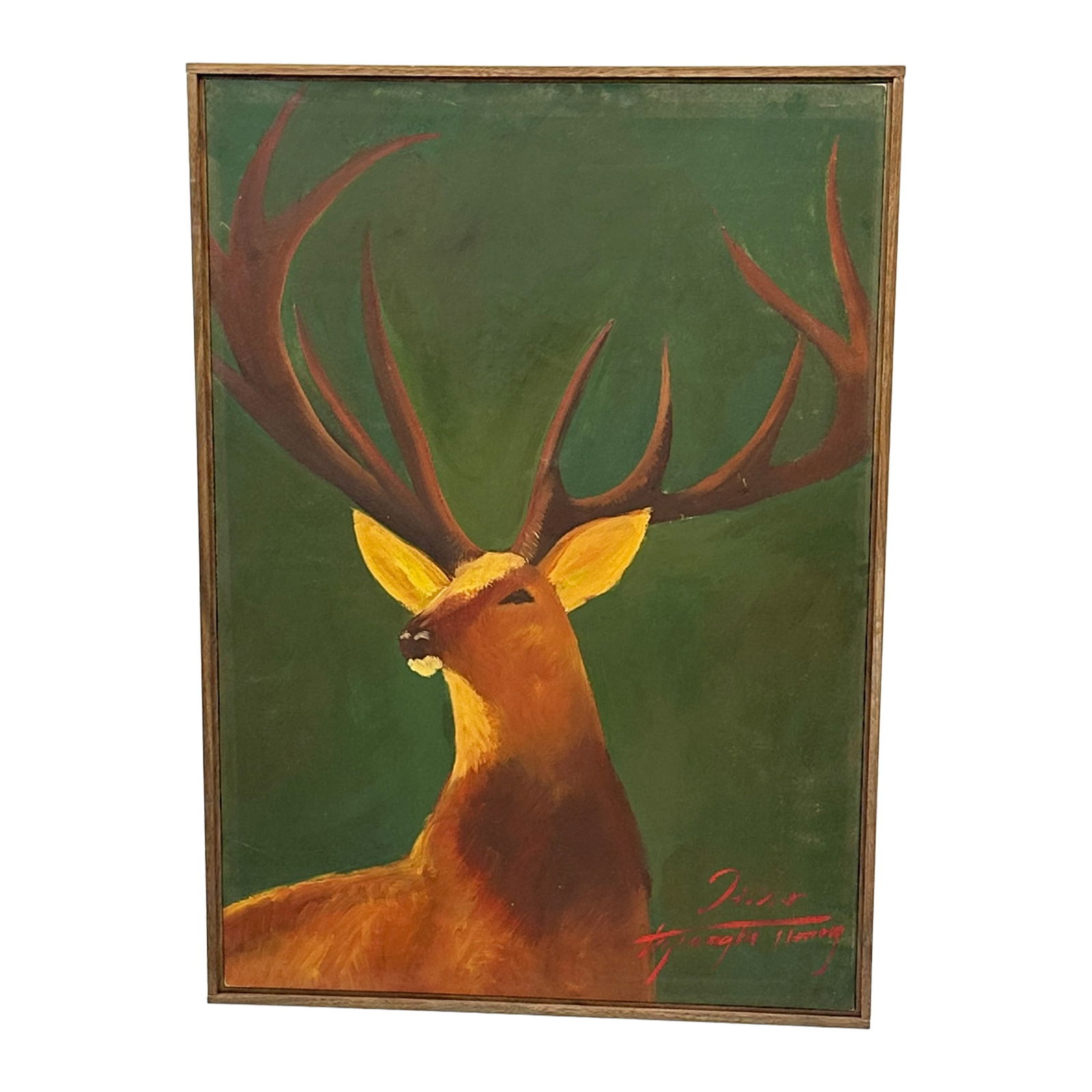 Majestic Stag Painting: Maker: Organic Modernism Title: Majestic Stag Painting Style: Mid-Century Modern, Contemporary Design Description: This striking painting features a proud stag with expansive antlers, rendered in warm
