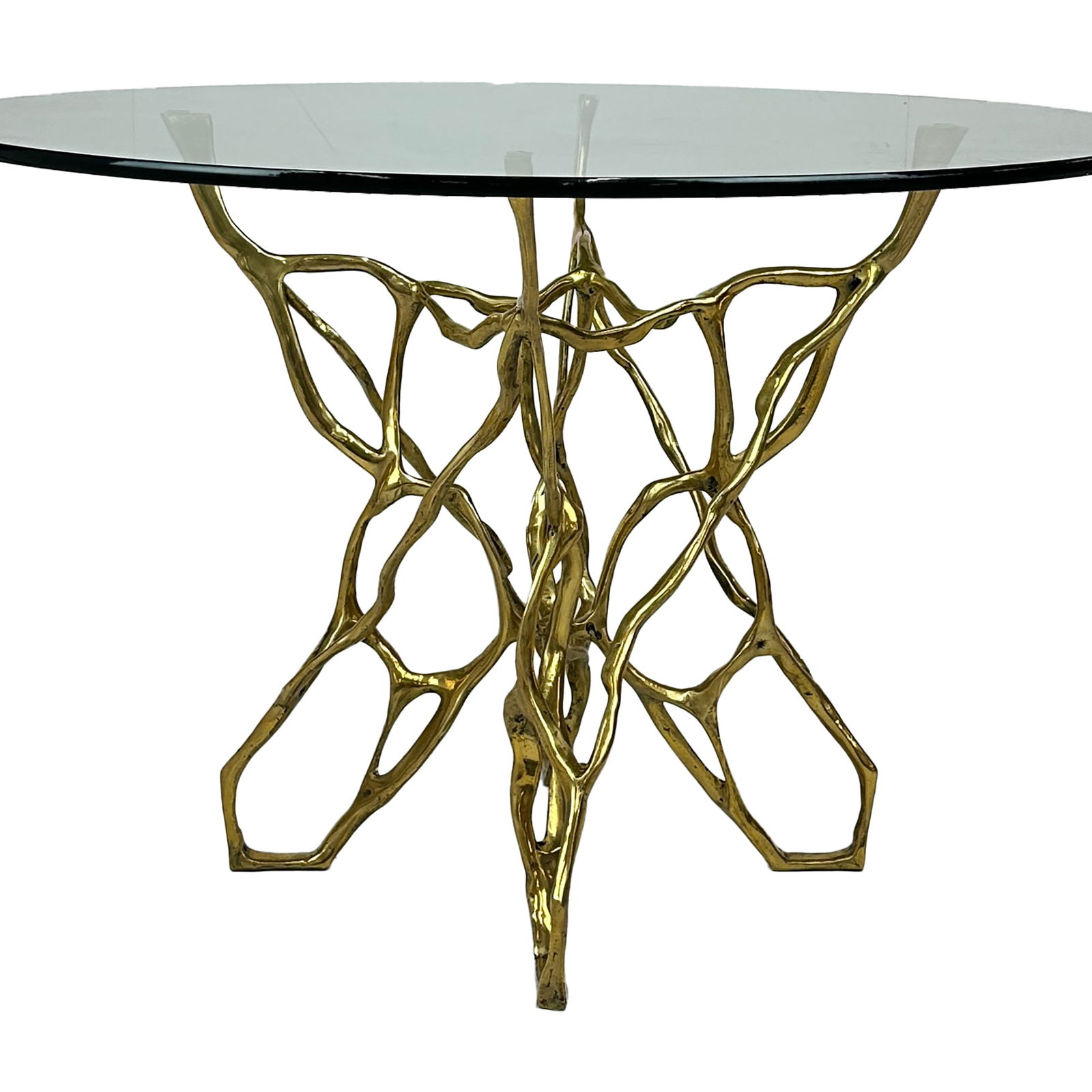 Mid-Century Modern Style Brass and Glass Dining Table: Maker: Organic Modernism Title: Mid-Century Modern Style Brass and Glass Dining Table Material: Brass Style: Mid-Century Modern, Contemporary Design Description: A striking modern dining table featur