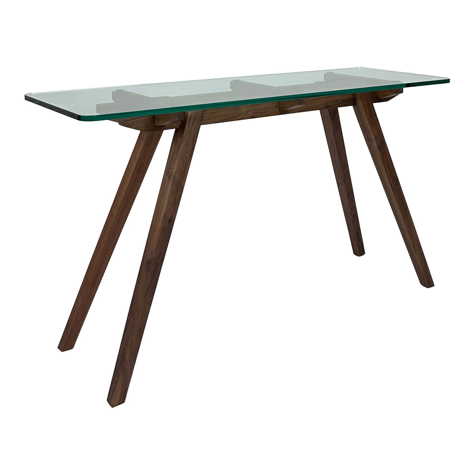 Modern Glass Top Console Table with Walnut Base: Maker: Organic Modernism Title: Modern Glass Top Console Table with Walnut Base Material: Walnut Style: Mid-Century Modern, Contemporary Design Description: A sleek and sculptural console table featu